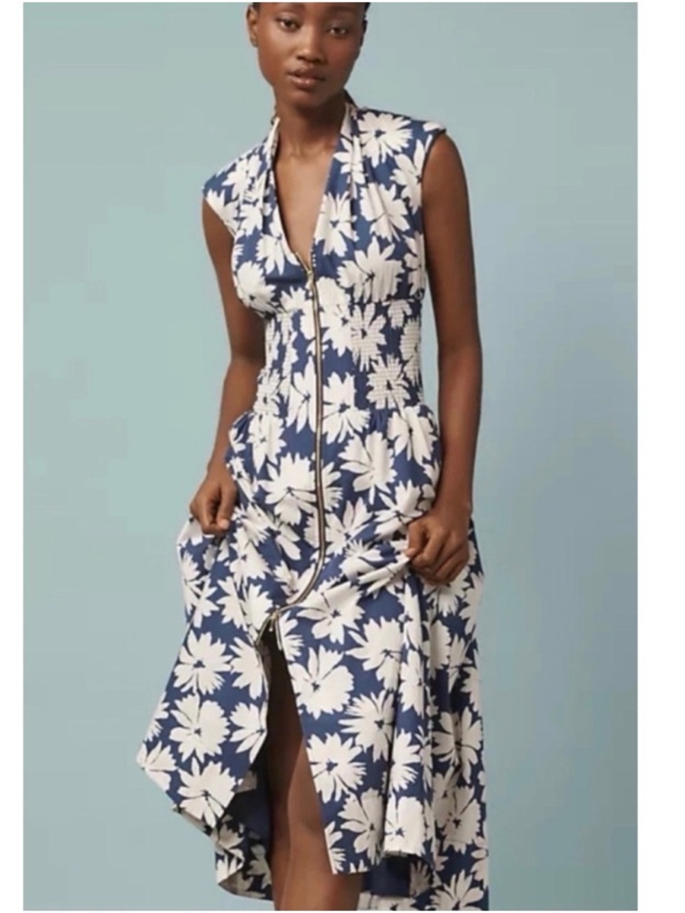New Anthropologie Tommie Smocked Zip Front Blue Floral White Boho Midi Dress M